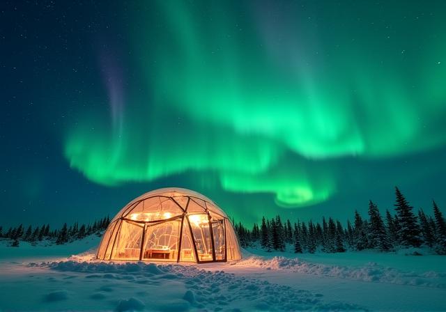 Polarlichter über einer modernen Glaskuppel-Unterkunft
