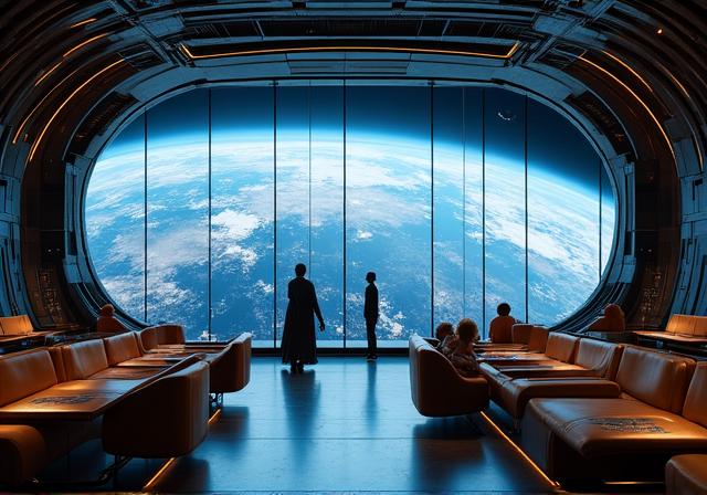 Futuristische Raumstation mit Blick auf die Erde