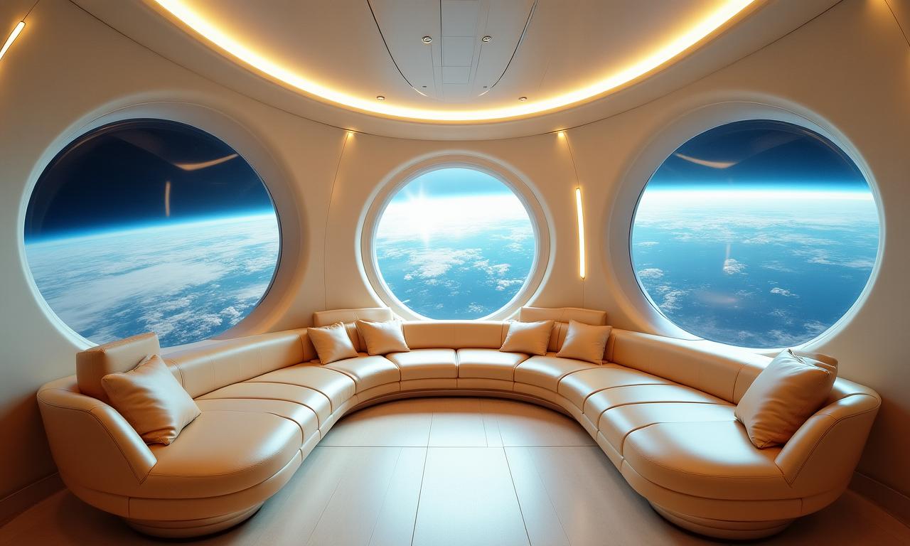 Ein luxuriöses Raumschiff-Interieur mit Blick auf die Erde