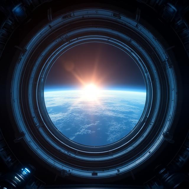 Blick aus der Suite eines Weltraumhotels auf die Erde